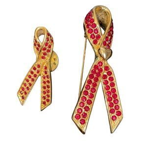 Signed Verducci Pin Set Red Rhinstone Ribbon Goldtone Breast Cancer Awareness